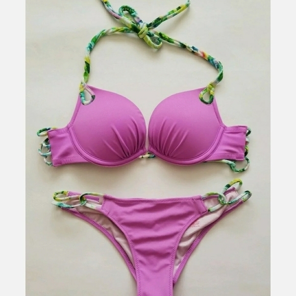 Victorias Secret 34A S Purple Floral GORGEOUS 1.5 Bikini Itsy Bombshell SWIM 7DA - Picture 1 of 12